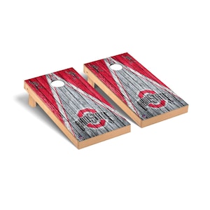 May include: A set of two wooden cornhole boards with a distressed wood grain design. The boards are painted red and white with a gray Ohio State University logo in the center.