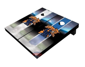 May include: A cornhole board set featuring a design with the University of Kentucky Wildcats logo. The boards have a black, blue, and white color scheme with a gradient effect. Each board has a hole for bean bag toss.