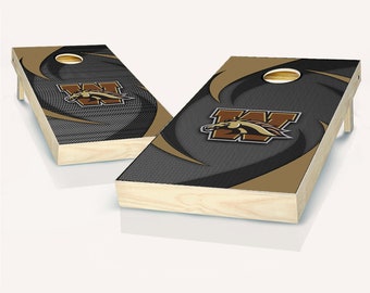May include: A set of two wooden cornhole boards with a brown and black swirl design. The boards feature a brown and gray horse head logo with the letter "W" in the center.