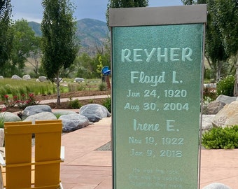 Glass Memorial Headstone 32" x 10" x 2 inches Thick. in Natural Green Kiln Cast Glass, Each piece is unique w/ it's own inherent qualities.