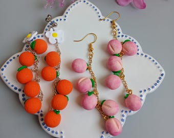Orange Dangles, Peach Dangle Earrings, Citrus Fruit Earrings