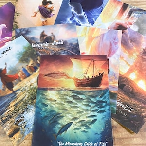 May include: A collection of rectangular religious art prints featuring various biblical scenes. One prominent print depicts a wooden boat on water with a large net full of fish below the surface, labeled The Miraculous Catch of Fish Luke 5:1-7.