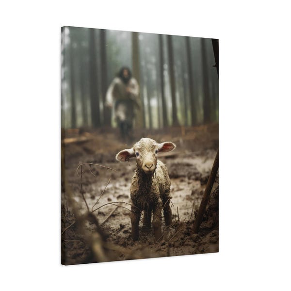 Jesus runs to save the lost sheep -- Wall Art, Stretched Canvas