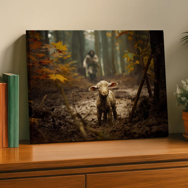 Jesus running to the lost lamb -- Wall Art, Stretched Canvas