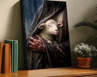 Safe in His Arms -  Wall Art, Stretched Canvas, Jesus with lamb, Good Shepherd and sheep