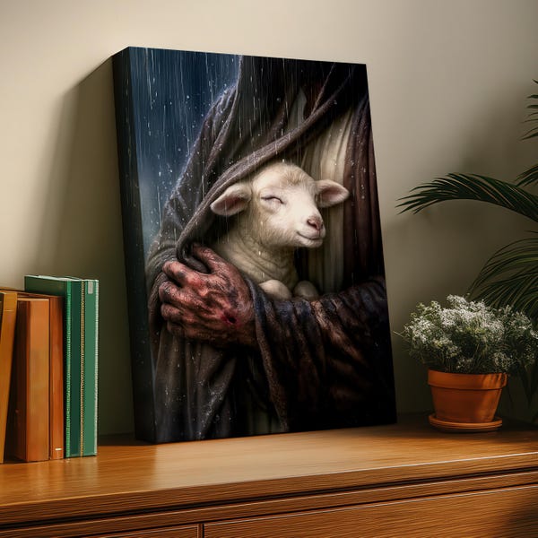Safe in His Arms -  Wall Art, Stretched Canvas, Jesus with lamb, Good Shepherd and sheep