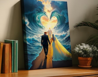 Married Couple being led by Jesus through the waters -- Wall Art, Stretched Canvas