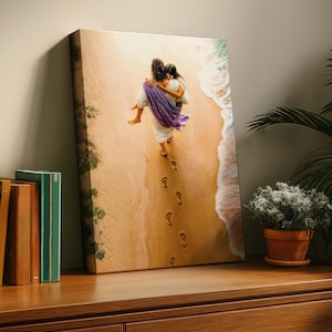 Footprints in the Sand -- Wall Art, Stretched Canvas, Jesus on the beach