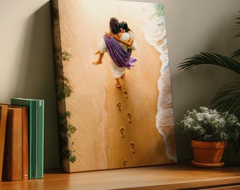 Footprints in the Sand -- Wall Art, Stretched Canvas, Jesus on the beach