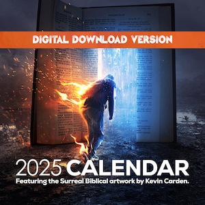 Calendario surrealista 2025 para imprimir y descargar. Calendario mensual con ilustraciones cristianas, tamaño carta