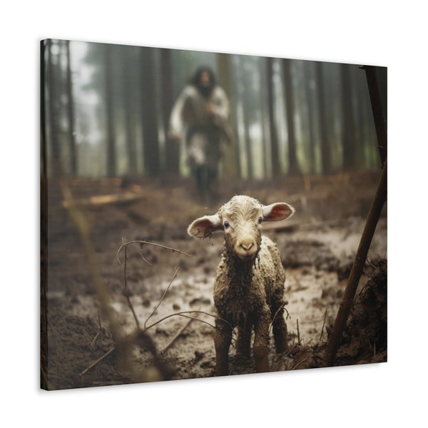 Jesus runs to save the lost sheep -- Wall Art, Stretched Canvas