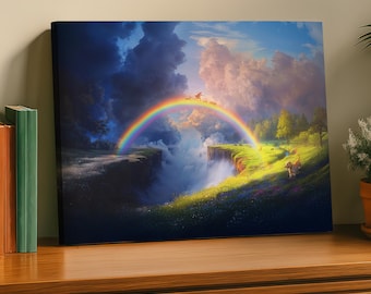 The Rainbow Bridge -- Wall Art, Stretched Canvas, Jesus with pets, dogs, heaven