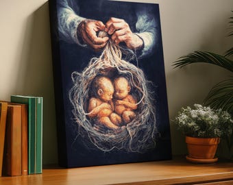 Two Babies in the Womb being Knitted by God -- Wall Art, Stretched Canvas