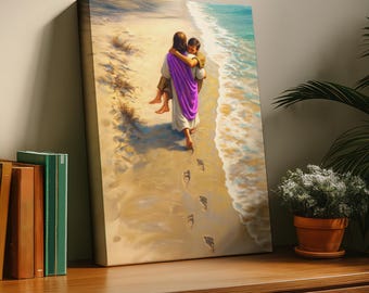 I will carry you -- Wall Art, Stretched Canvas, Jesus carrying a man, footprints
