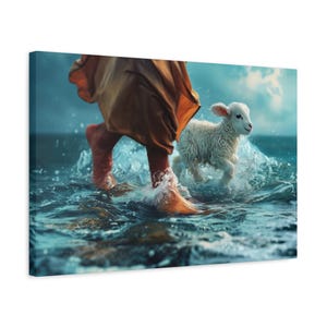 Jesus and His Lamb walking on water -- Wall Art, Stretched Canvas