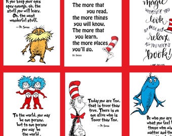 Strony zeszytu Dr Seussa, papier listowy Dr Seussa, plakaty do pokoju zabaw dla dzieci, plakaty ścienne Dr Seussa, cytaty z książek dla dzieci
