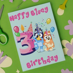 Carte d'anniversaire inspirée de Bluey, cadeau d'anniversaire Bluey, carte de voeux imprimable Bluey le chien, carte numérique d'anniversaire de chien Bluey