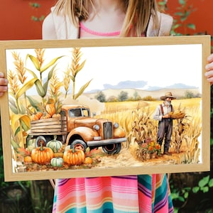 Fall Printable Wall Art, Orange Farm truck Decor, Farmhouse Corn Field Pumpkin Print, Country Wall Art, Autumn Farmhouse Wall Print