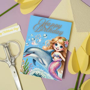 Birthday Card Printable, Dolphin and Mermaid Birthday, Mermaid Greeting Card, Dolphin Greeting Card, Girls Birthday Party Gift