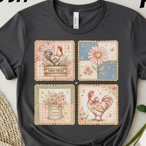 Rooster Farmhouse Patchwork Quilt PNG, Cottagecore Floral Graphic, Grandma Core Design