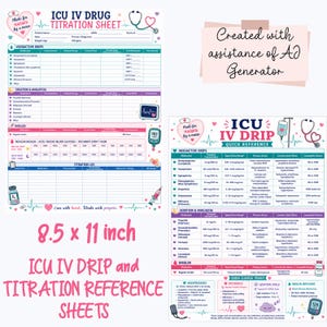 Puede incluir: Dos hojas de referencia de goteo y titulación de 21,6 x 27,9 cm con tablas para goteos vasoactivos, sedación, analgesia e insulina. Las hojas incluyen iconos médicos como estetoscopios, bolsas de suero y corazones con texto.