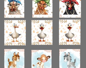 Farm Animal Nursery Prints: Rustic Farmhouse Wall Art (Set of 9) (PNG)