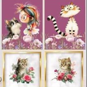 Purple Cat Art Prints Set: Kids Room Decor (Digital Download, Set of 4