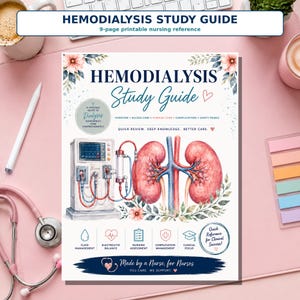 Può includere: Una guida allo studio dell'emodialisi, riferimento infermieristico stampabile, con un'illustrazione ad acquerello di una macchina per dialisi collegata a reni umani, circondata da accenti floreali, icone mediche e il testo Hemodialysis Study Guide.