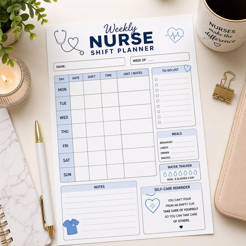 May include: A white weekly nurse shift planner with blue accents. The planner includes sections for the week's schedule, to-do list, meals, and water tracker. The text "Weekly Nurse Shift Planner" is at the top.