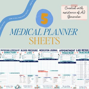 May include: Medical planner sheets with sections for physician directory, blood pressure log, medication journal, appointment tracker, and lab results tracker. The design includes blue and orange text with decorative hearts and medical-themed illustrations.