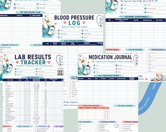 May include: A collection of printable health trackers, including a physician directory, blood pressure log, lab results tracker, medication journal, and appointment tracker. Each sheet features a cartoon duck in a nurse's uniform and various health-related prompts.