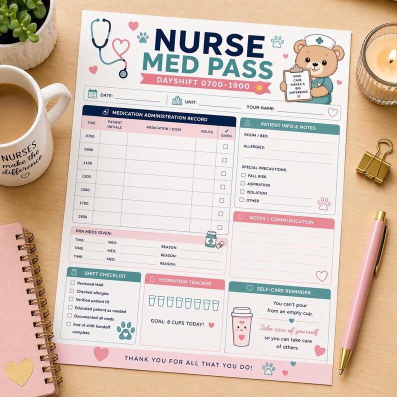 May include: A Nurse Med Pass notepad with a pink and teal color scheme. The notepad includes sections for medication records, patient info, and a hydration tracker. A cute bear illustration is featured.