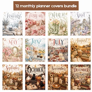 May include: A bundle of 12 monthly planner covers, each featuring a unique, detailed illustration. The covers showcase seasonal themes, including flowers, landscapes, and holiday scenes. The months are labeled across the top and bottom of the image.