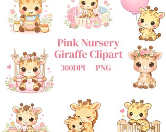 Nursery Giraffe Clipart: Baby Girl PNG Bundle (Digital Download - 16 PNGs)