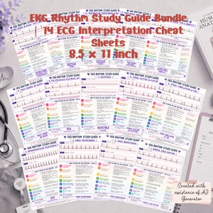 May include: A collection of 14 EKG rhythm study guide cheat sheets, each measuring 8.5 x 11 inches. These white paper sheets feature colorful text, numbered steps for reading rhythms, and black EKG tracings for various cardiac conditions.