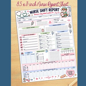 May include: An 8.5 x 11-inch nurse shift report sheet featuring a cartoon otter in scrubs, a stethoscope, and medical icons. The document includes sections for patient details, medical history, assessments, IV lines, labs, and vital signs.