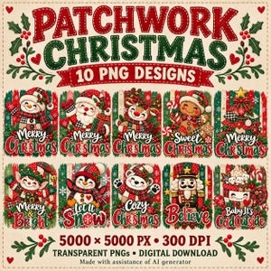 Op de afbeelding: Een digitale collectie van 10 kerst-PNG-ontwerpen met een sneeuwpop, de Kerstman, rendier, peperkoekfiguur, boom, elf, pinguïn, beer, notenkraker en cacaomok, allemaal voorzien van rood-groene patchworkpatronen en feestelijke tekst.