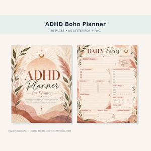 Planer ADHD Boho do druku, 20 stron z dziennymi, tygodniowymi, miesięcznymi i nawykowymi zadaniami