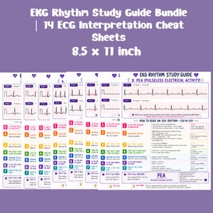Könnte beinhalten: Ein Bündel von 14 EKG-Rhythmus-Lernhilfen im Format 21,59 x 27,94 cm. Jedes Blatt enthält Schritte zur EKG-Interpretation, nummerierte Listen von 1 bis 7 und Rhythmusstreifen. Der Text umfasst EKG Rhythm Study Guide und PEA Pulseless Electrical Activity.
