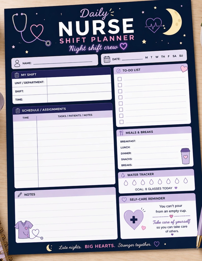 May include: A navy blue nurse shift planner with a purple and white design. The planner includes sections for scheduling, to-do lists, meals, water intake, and self-care reminders. Text includes "Daily Nurse Shift Planner Night shift crew."