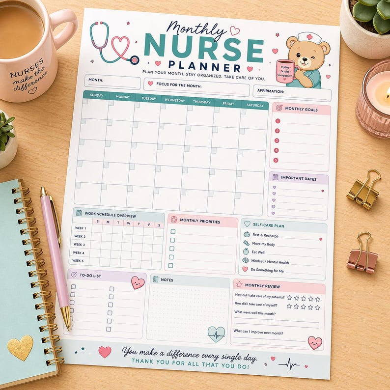 May include: A colorful monthly nurse planner with a calendar layout, featuring a teddy bear with a coffee cup. The planner includes sections for goals, priorities, and self-care. Text includes "Nurses make the difference" and "You make a difference every single day."