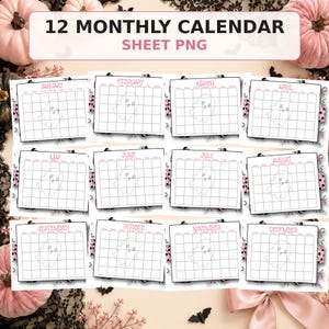 Peut inclure: Une feuille de calendrier numérique de 12 mois au format PNG présentant douze grilles mensuelles individuelles. Chaque grille affiche le nom du mois en texte rose, une illustration de fantôme et une structure de tableau à lignes noires.