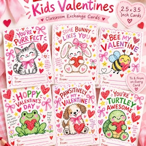 May include: A set of 20 printable Valentine cards for kids, each measuring 2.5 by 3.5 inches. The cards feature colorful illustrations of a cat, bunny, bee, frog, dog, and turtle, each holding a red heart with text and To/From lines.
