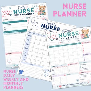 Könnte beinhalten: Eine Sammlung von Krankenpflegeplanern, darunter Tages-, Wochen- und Monatsformate. Die Planer zeigen eine Stethoskop- und Teddybär-Grafik mit Platz für Terminplanung, Notizen und Affirmationen. Der Text enthält "Nurse Planner" und "You make a difference every single day."