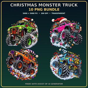 May include: A digital bundle of Christmas monster truck illustrations featuring four trucks in green, pink, orange, and blue. Each truck is decorated with holiday lights, wreaths, and gifts, topped with a Santa hat, and surrounded by snow and ornaments.