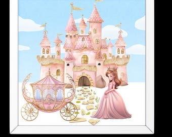 Quadro da parete con castello rosa da fiaba e principessa, carrozza di zucca (download digitale)