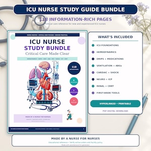 May include: An ICU Nurse Study Bundle digital download featuring 118 pages of critical care information. The cover displays anatomical illustrations of the brain, heart, lungs, and kidneys connected to medical equipment, with text detailing sections.