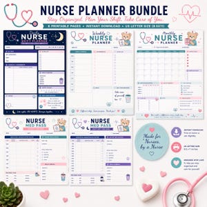 May include: A nurse planner bundle with six printable pages, including daily, weekly, and monthly planners, and medication administration records. The design features a stethoscope, teddy bear, and heart accents in shades of pink, blue, and purple. The text reads "Nurse Planner Bundle."