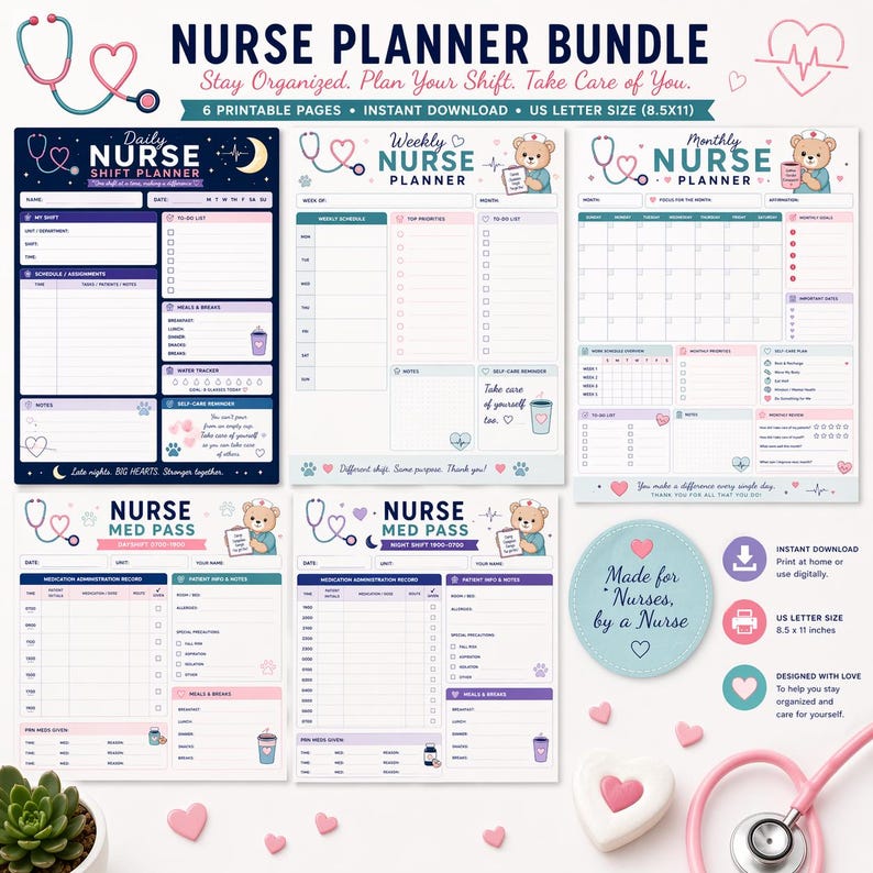 May include: A nurse planner bundle with six printable pages, including daily, weekly, and monthly planners, and medication administration records. The design features a stethoscope, teddy bear, and heart accents in shades of pink, blue, and purple. The text reads "Nurse Planner Bundle."