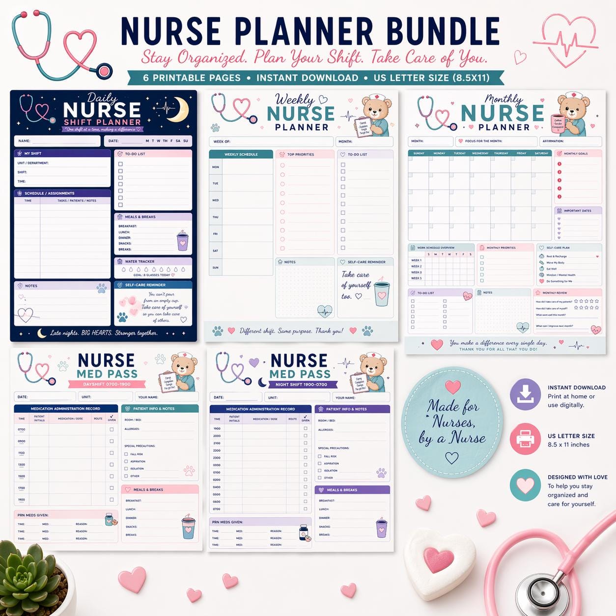Nurse Planner Printable Bundle | Daily Weekly Monthly Healthcare Worker ...